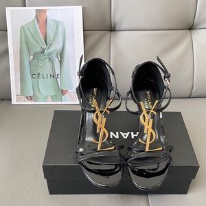 Yves Saint Laurent Black Patent Leather Heels with Gold Logo